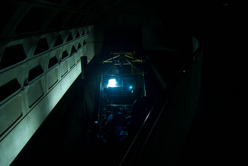 Workmen fixing an escalator in a metro station in Washington DC