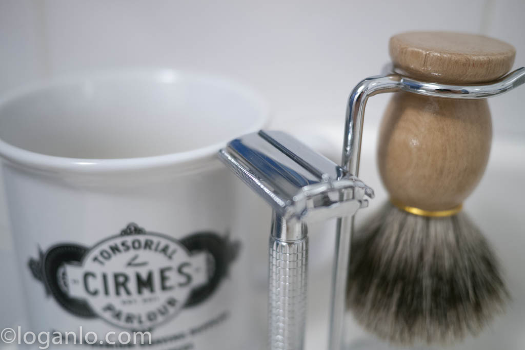 Traditional double-edged razor, shaving mug, shaving brush, and stand